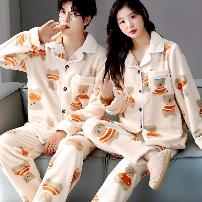 ANYOU 남녀공용 겨울 커플잠옷 상하세트 극세사 곰돌이 파자마 수면잠옷