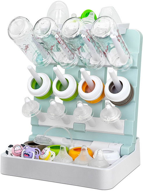 젖병 건조대 수직 스탠딩 젖병 건조대 랙 홀더-조리대용 공간 절약형 젖병 건조대-최대 12개의 젖병 및 컵을 보관할 수 있습니다., White+Blue