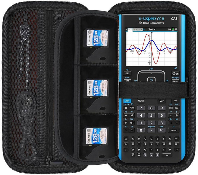 텍사스 인스트루먼트 TI-Nspire CX II CAS /CX 컬러 그래핑 계산기용 엘론보 휴대용 케이스 USB 케이블 및 액세서리에 맞는 여분의 지퍼 포켓 블랙, Black + Inside Black