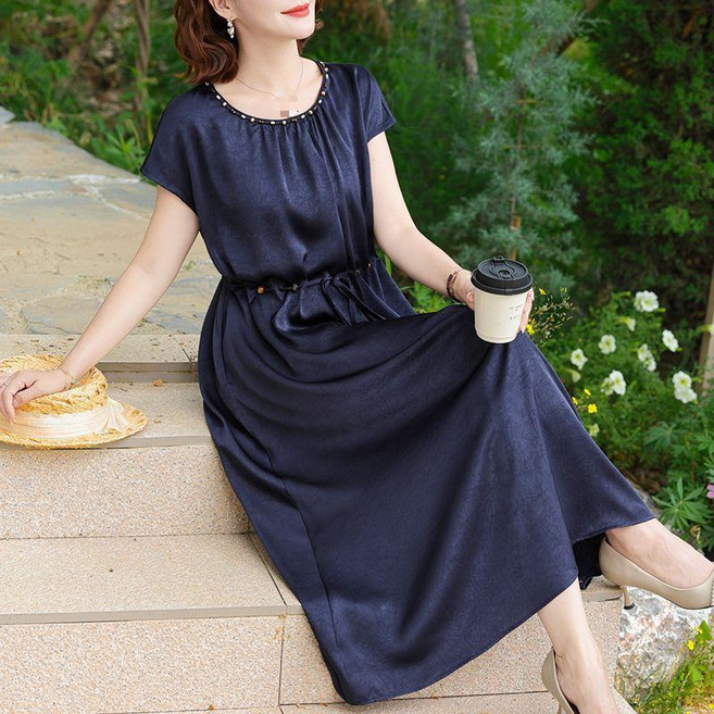 媽媽夏裝氣質連衣裙 夏季顯瘦中老女裝 時尚收腰裙子, 藍色,4XL 建議135-145斤左右