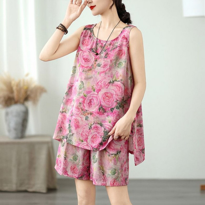 ORZQU 여성 여름 플라워 텐셀 린넨 프린트 홈웨어 쿨링 통기성 민소매 나시+와이드 반바지 투피스 세트