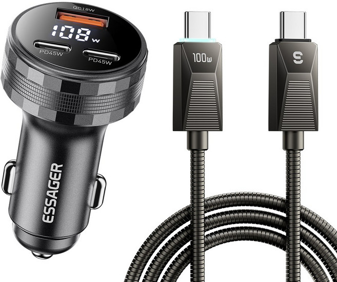 ESSAGER 동시 3대충전 듀얼 C타입+USB A타입 108W 차량용 고속 충전기 + C to C 충전케이블 세트, 회색, 1세트