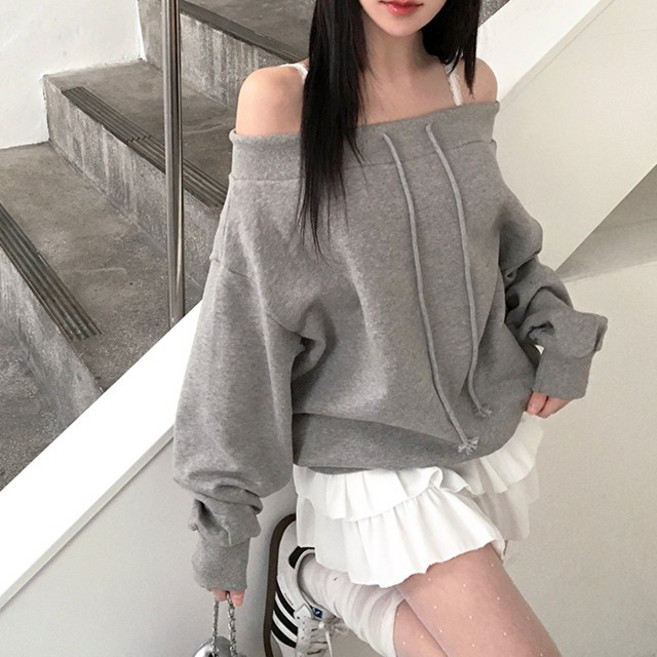 자스민벨 몬트 오버핏 밴딩 오프숄더 레이어드 쭈리 긴팔 맨투맨 데일리룩 캐주얼 여리여리 빈티지 꾸안꾸 체형보정