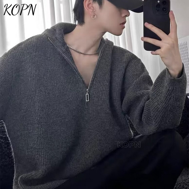 KOPN 봄 핫 후드티 세미 지퍼 스웨터 남성 커플 속 바람 나른한 고급 루즈핏 니트