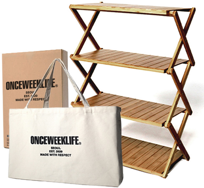 원스위크라이프 접이식 우드쉘프 선반 + 전용 수납 에코백 세트, 혼합색상, 4단, 1세트