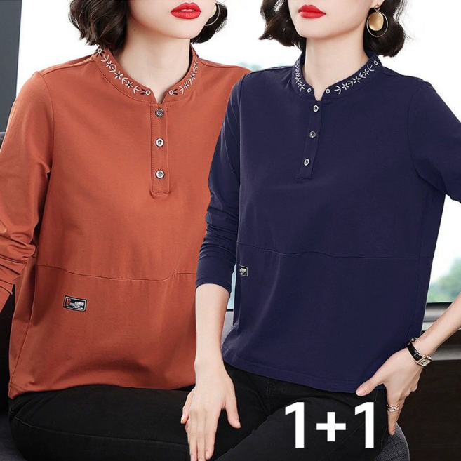 TIMEPURE 1+1 봄가을 긴팔 티셔츠 여자 코디 라운드 자수 상의 중년 엄마 상의 이너 간절기 상의
