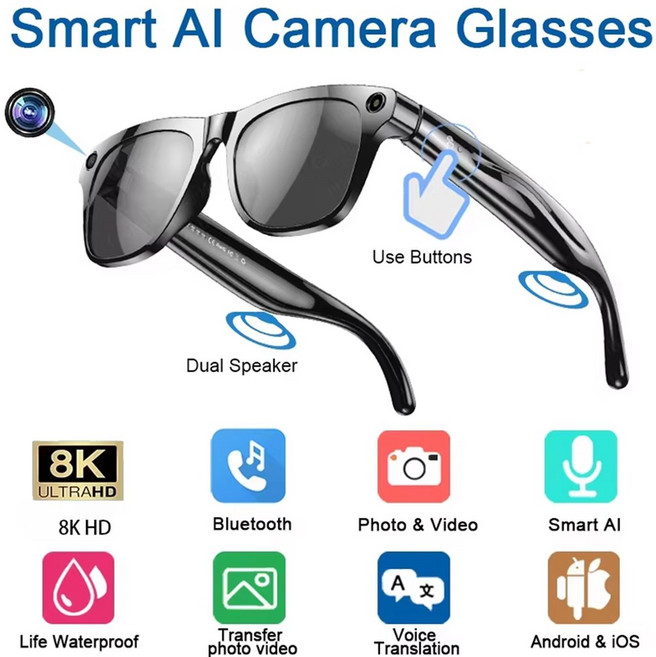 4K HD AI Bluetooth 컨트롤 카메라 방수 번역 터치 보조 플레이어 스마트 통화 음악 음성 안경, Bla, 1개