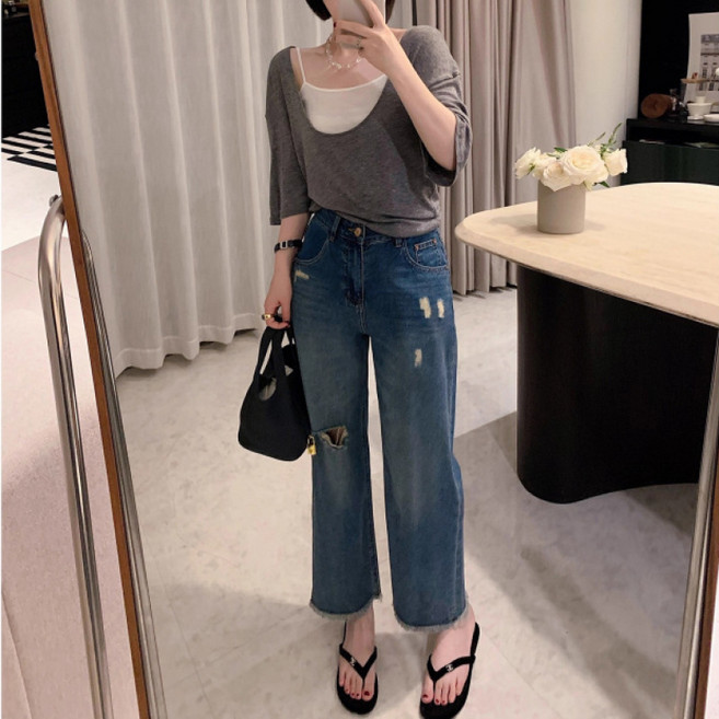 SAHINER 여성 데님 스트레이트 팬츠 찢어진 하이웨스트 캐주얼룩