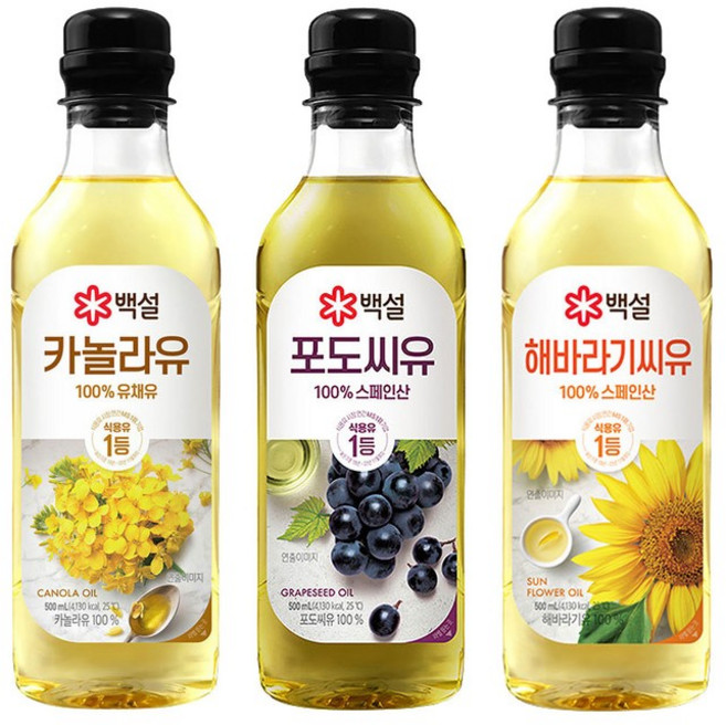 CJ제일제당 백설 조리유 500ml 3종 세트(카놀라유x1+포도씨유x1+해바라기씨유x1), 1세트