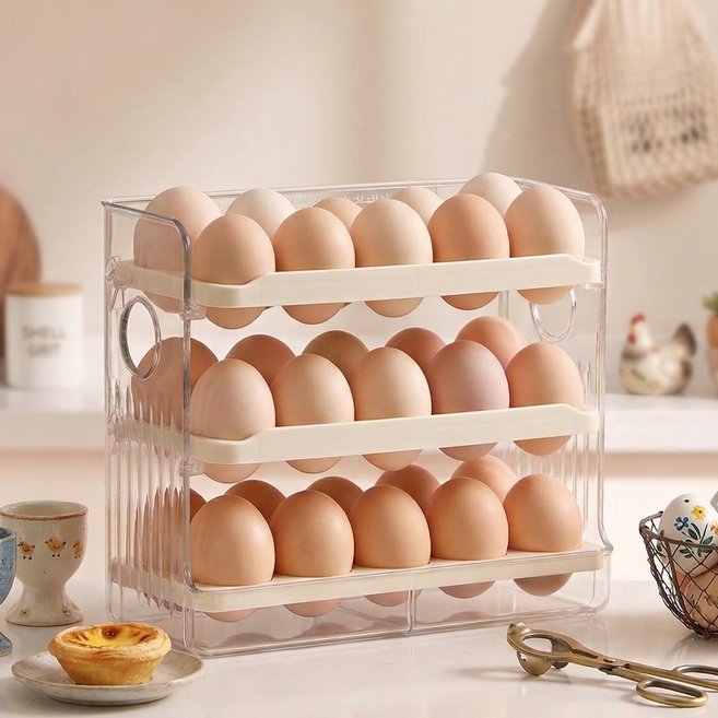 와티케 자동 플립 3단 계란 정리함 한판 수납 30구, 1개, 베이지+투명