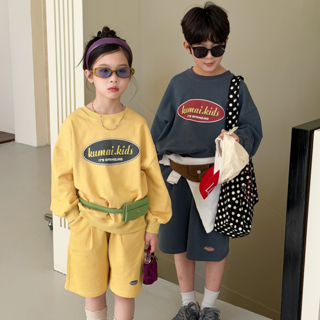 주디앤홀리 키즈 데일리 상하세트 여아 남아 공용 맨투맨 반바지 상하복 아동 루즈핏 트레이닝복 데일리룩 간절기룩 등교 등원룩