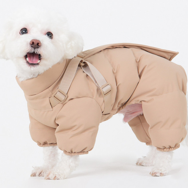 독스랩 강아지 옷 패딩 하네스 일체형 올인원, 1개, 베이지(올인원)