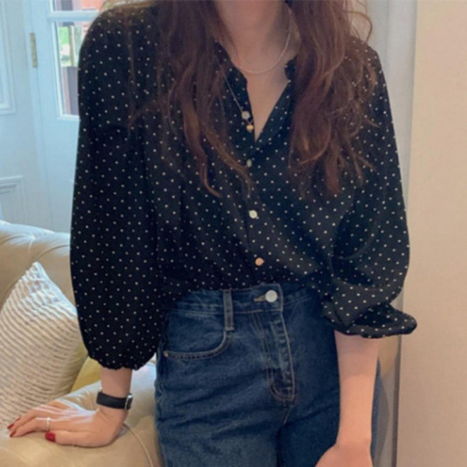 도트블라우스 퍼프소매 소매 도트 블라우스 퍼프 쉬폰