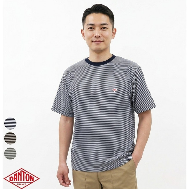 단톤 DANTON 남성 줄무늬 보더 크루넥 반팔 티셔츠 면 혼방 속건 이너 T DT-C0196CVT