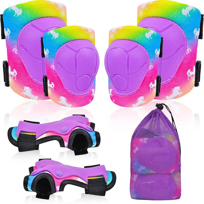 메시백 무릎 패드와 여자 롤러스케이트 사이클링 스케이트보드 스쿠터용 팔꿈치 패드가 포함된 용 패드 조절식 보호 장비 세트 38년 유니콘, Unicorn