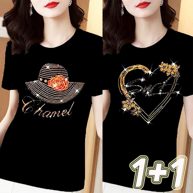 JUSTFEELING 1+1 날씬해보이는 빤짝이 큐빅 반팔 티셔츠 중녕여성 여름 편한 스판 얇은 시원한 프린트 스팽글 엄마옷 캐주얼 반팔티 L-4XL