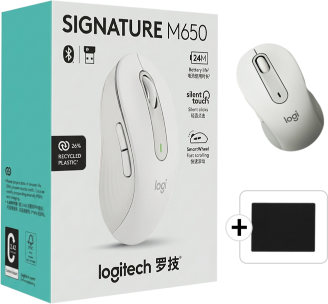 로지텍 M650 SIGNATURE 무소음 무선 마우스 M650L 병행+스토리링크 패드, +스토리링크 마우스 패드, 로지텍 M650_오프화이트