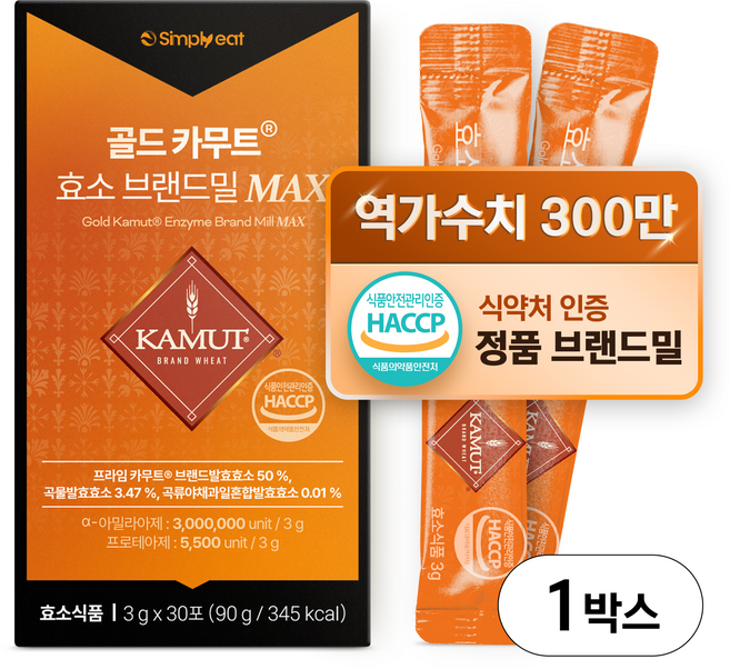 골드 카무트효소 브랜드밀 MAX 정품 식약처인증 HACCP 300만 역가수치, 1박스, 90g