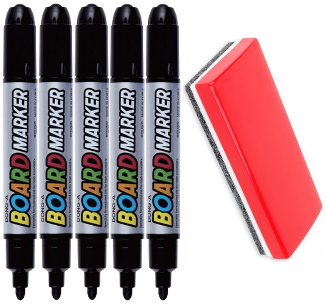 동아 화이트 보드마카 + 보드지우개, 2mm 블랙 5개+지우개 1개, 1세트