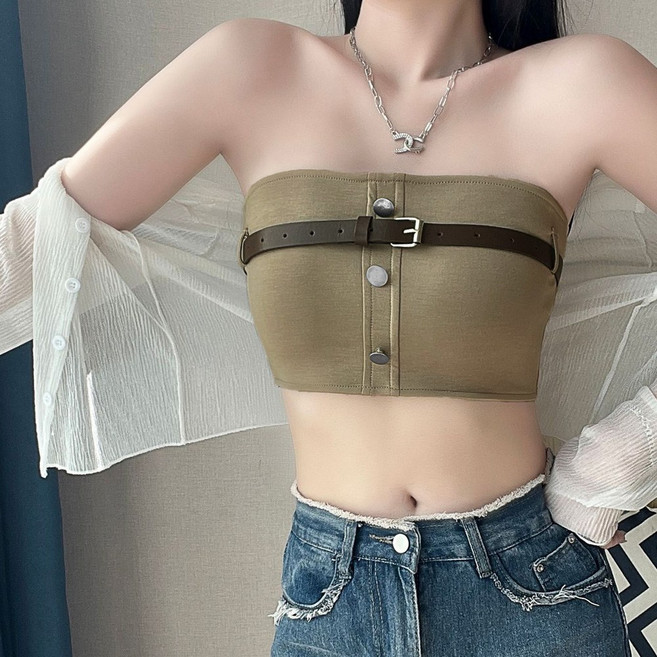아이루리 슬림핏 오프숄더 크롭 튜브탑 나시 패션 포인트 벨트 장식 브라캡 캐주얼