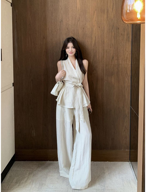 해피유통 여성 여름 린넨 스트라이프 투피스 끈 민소매 셔링 탑+하이웨이스트 와이드 팬츠M04