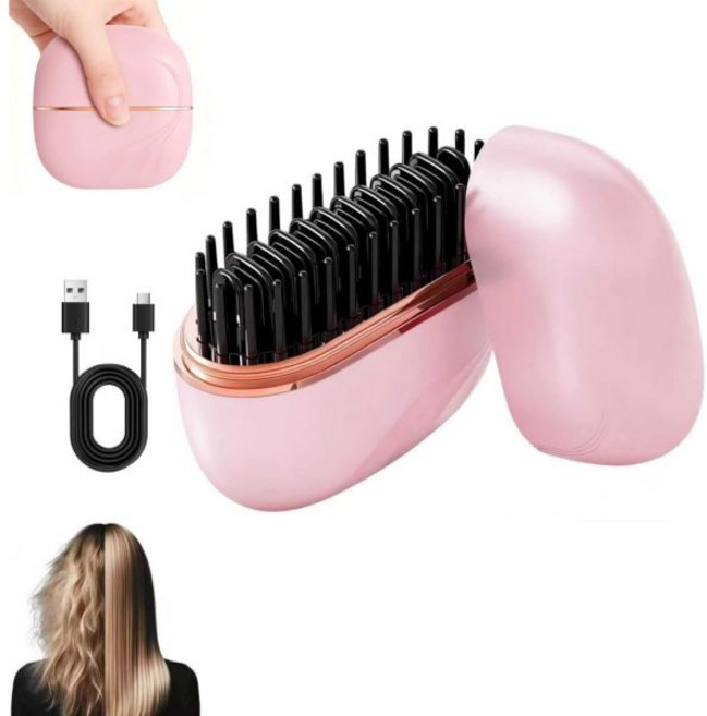 Hair Essence 고데기 뿌리볼륨 앞머리고대기 미니 헤어 스트레이트너 무선 충전식 휴대용 빗 작은 브러시 화상 방지 쉘 3단 온도 조절 가볍고 여행용 핑크, Hair Essence 고데기 뿌리볼륨 앞머리고대기 미