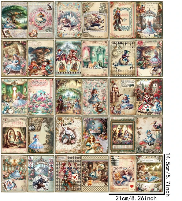 이상한 나라의 앨리스 포커 광대 배경 빈티지 그런지 저널 계획 스크랩북 A5 사이즈 15 매, 01 15 Sheets