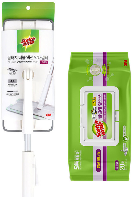 3M 스카치브라이트 올터치 더블액션 막대걸레 표준형+물걸레청소포 표준형 20매 + 훅걸이1p, 1세트