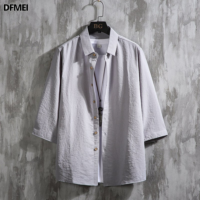 DFMEI 男式棉麻七分袖襯衫青年寬鬆加大碼簡約純色短袖襯衣