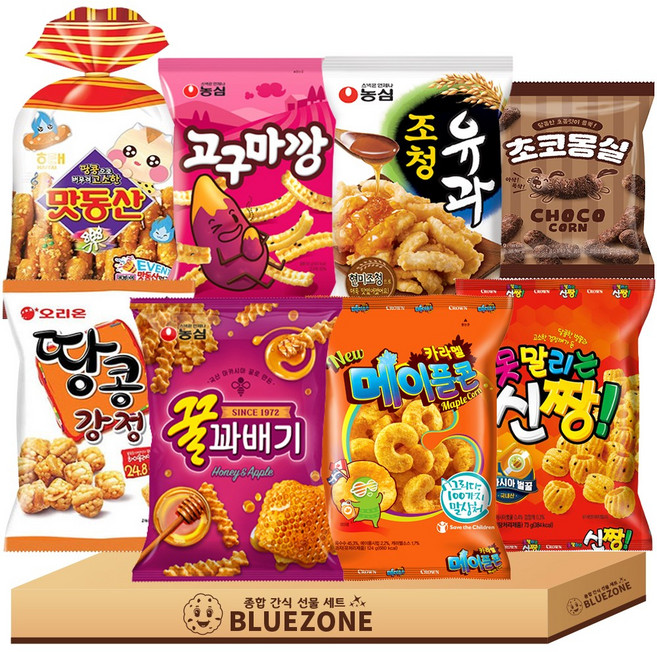 달콤한 스낵과자 꿀꽈배기1개 조청유과1개 신짱1개 땅콩강정1개 맛동산1개 카라멜메이플콘1개 고구마깡1개 몽실1개, 73g, 1개