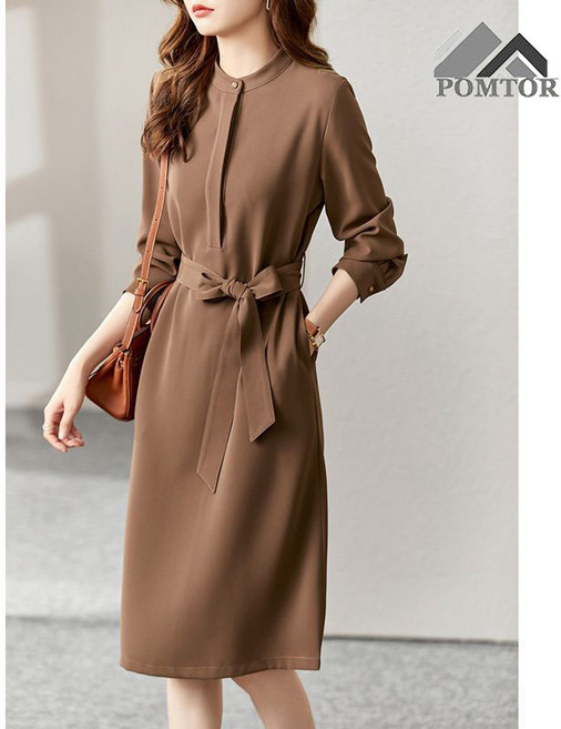 POMTOR 긴팔 원피스 하객룩 여성 벨드 미디원피스 오피스룩 고급 롱원피스