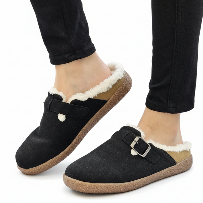 국산 겨울 스웨이드 슬립온 슬리퍼 여성 남성 발편한 버클 방한화 털신발 기모 뮬 따뜻한 실내화