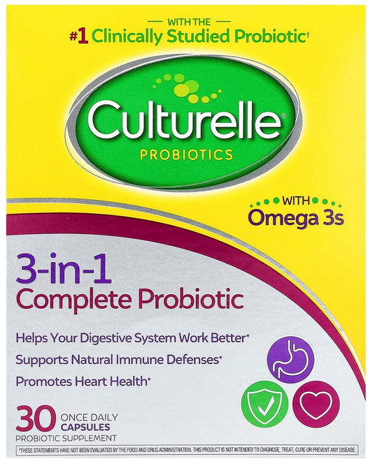 Culturelle 프로바이오틱스 오메가3 함유 3-in-1 컴플리트 프로바이오틱 하루 1회 캡슐 30정 Culturelle (컬처렐), 1PACKAGE, 1개