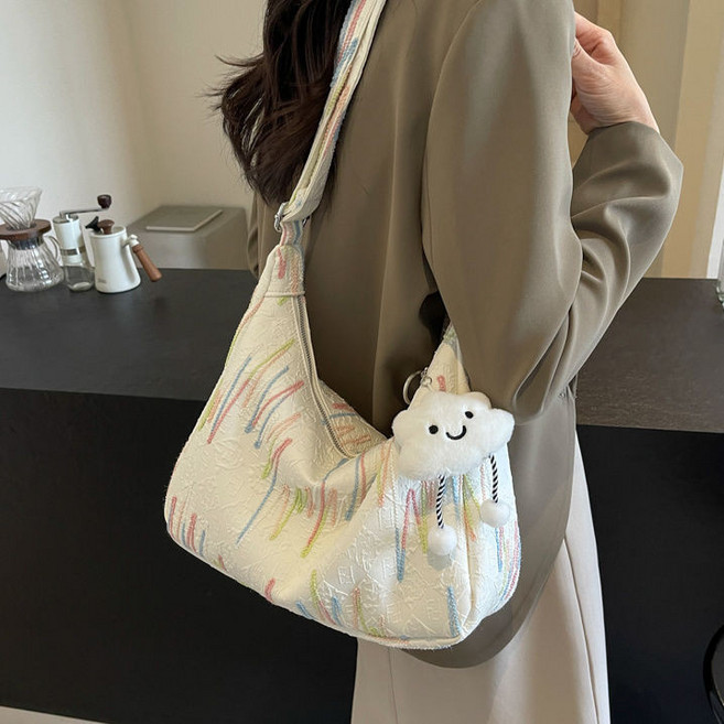 彩色條紋斜挎包 新款女包包 時尚大容量託特包 簡約單肩包, 白色【旗艦雙層帶內襯正品】,包包+雲朵掛件【現貨速發】