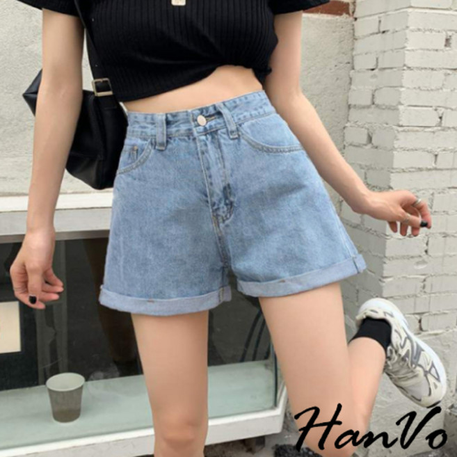 HanVo 基本款反摺寬鬆高腰牛仔短褲 顯瘦復古寬褲A字褲老爹褲 女生衣著
