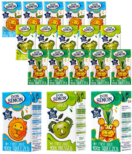 돈시몬 100%착즙주스 오렌지125ml 6개+사과125ml 6개+파인애플 백포도125ml 6개 (총18개) 음료수생과일어린이, 125ml, 18개