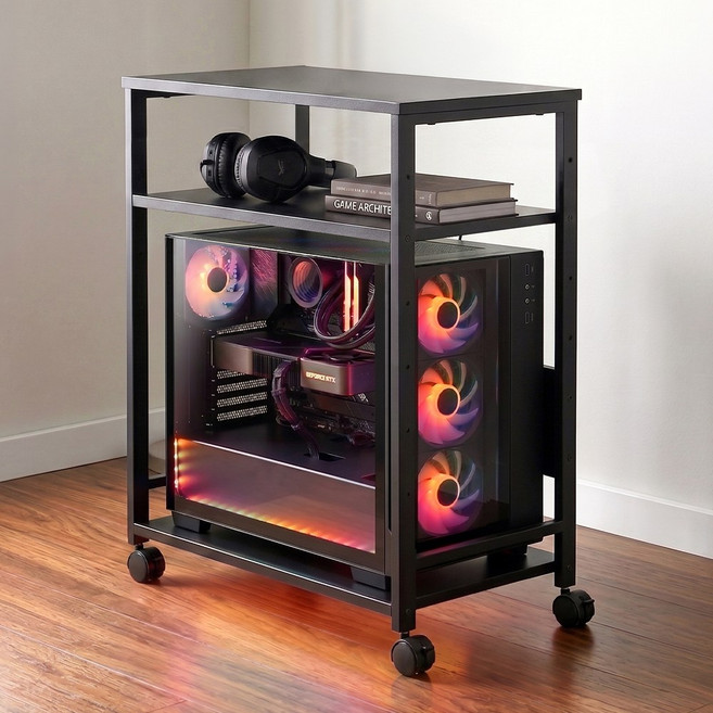 시스퍼닉 컴퓨터 본체 받침대 높이 조절 이동식 사이드 테이블, 블랙