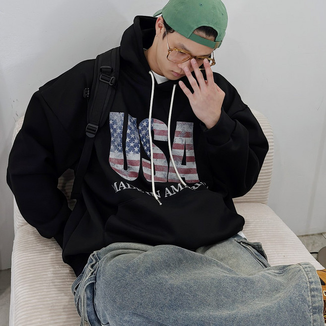 [S-XL] USA 성조기 레터링 오버핏 후드 남녀공용 3color B