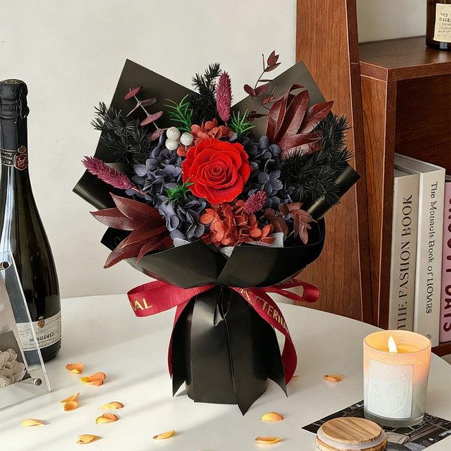 영구 꽃 시뮬레이션 비누꽃 장미 꽃다발 여성 생일 선물 여자친구 발렌타인데이 기념일 선물, 검정색