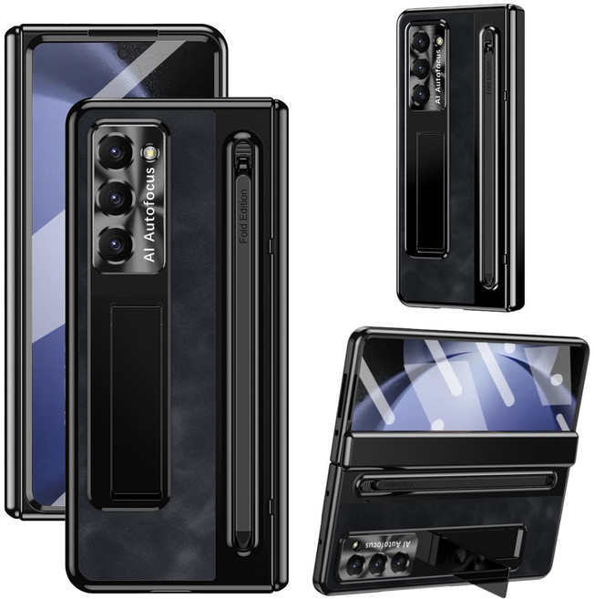 Elvo 갤럭시 Z폴드 7 6 5 가죽 케이스 힌지보호 일체형 액정보호필름 히든 거치대 S펜 포함 풀커버 케이스