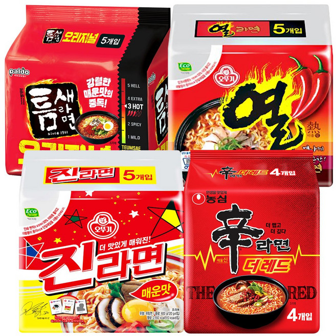 더레드 맵부심 라면 오뚜기 농심 팔도 4종 19개입 (열랴면5 신라면더레드4 틈새라면5 진랴면5), 1세트