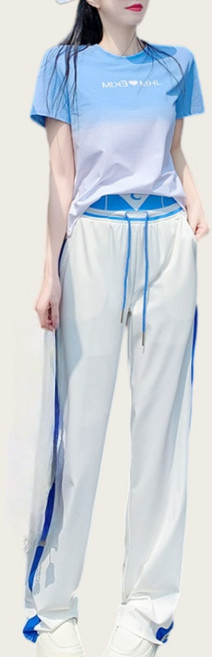 Makone 여성 그라데이션 반팔 긴바지 캐주얼 트레이닝 상하의 세트 패션 러닝 스포츠룩 투피스