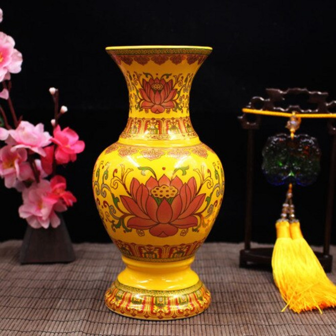 불교 용품 로터스 병 세라믹 꽃병 삽입 된 부처님 오렌지 옐로우 리치 제공, F-10 Inches