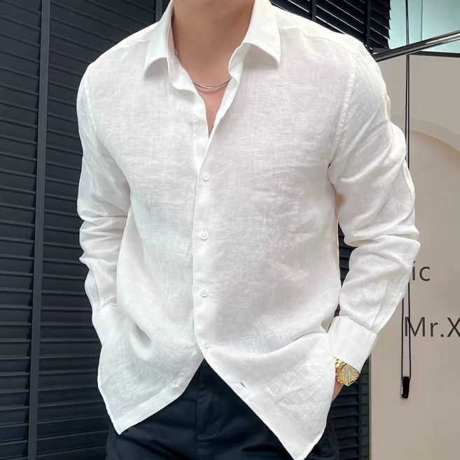 인어미남 남성 봄여름 린넨 긴팔 셔츠 심플한 데일리 캐주얼 루즈핏 상의