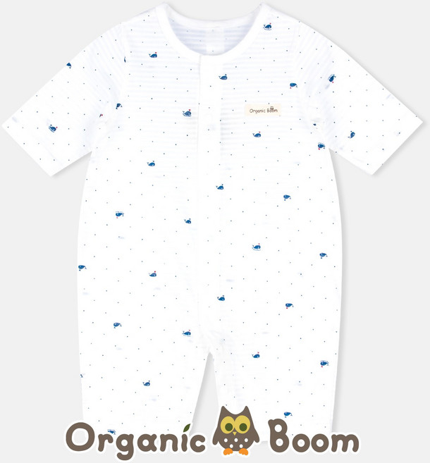 [오가닉붐]인증 받은 진짜 오가닉 무형광 국내 제조 아기고래 얇은 썸머 유기농 칠부 우주복