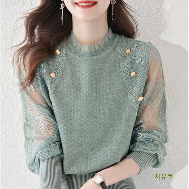 치유쿠 봄 가을 여성니트 스웨터 레이스 스웨터 베이스 셔츠
