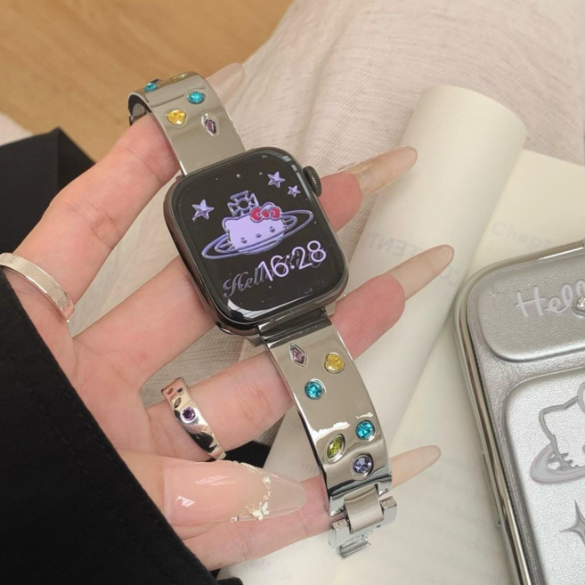 DODLXL 애플워치 큐빅 티타늄 스트랩 메탈 스테인리스 (SE2 7 8 9 울트라 호환), 실버, 1개