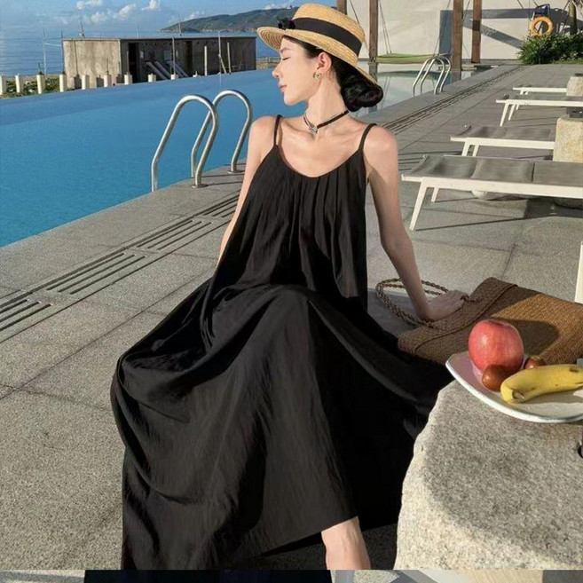 大碼連衣裙 棉綢吊帶海邊度假長裙 夏季無袖顯瘦A字長裙 空調房外搭 日系連衣裙, 黑色,3XL 145-160/斤, 黑色