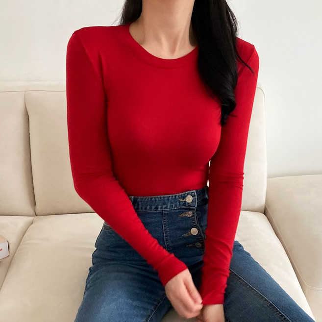 양놀 여성용 슬림핏 라운드 스판 면 긴팔 티셔츠