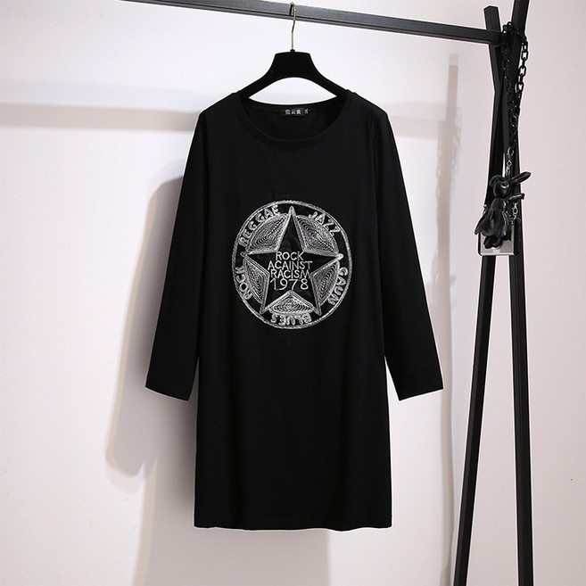 胖MM加肥加大碼長袖寬鬆中長款T恤連衣裙, 五角星款,3XL